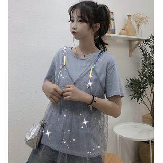 Set: Short-sleeve T-shirt + Sheer Camisole Top