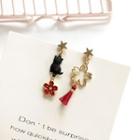 Non-matching Alloy Cat & Flower Tassel Dangle Earring
