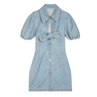 Short-sleeve Denim Tie-front Mini A-line Dress