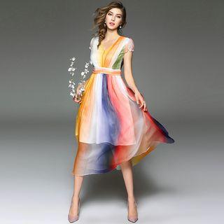 Cap-sleeve Striped Silk Dress