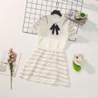 Set: Short-sleeve Pointelle Knit Top + A-line Knit Skirt