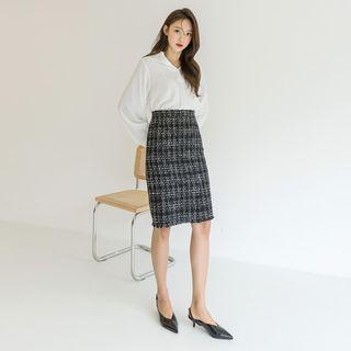 Slit-hem H-line Tweed Skirt