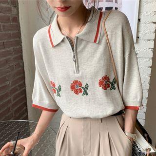 Elbow-sleeve Flower Jacquard Polo Neck Sweater