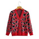 Leopard Print V-neck Cardigan Red - One Size
