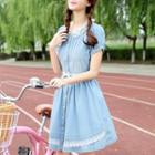 Lace Trim Short Sleeve Denim Dress