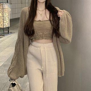 Shirred Tube Top / Cardigan / Wide Leg Pants