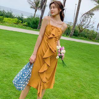 Dotted Ruffle Spaghetti Strap Shift Dress