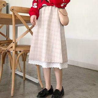 Lace Trim Plaid A-line Skirt As Shown In Figure - One Size