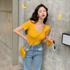 Moon-embroidered U-neck T-shirt