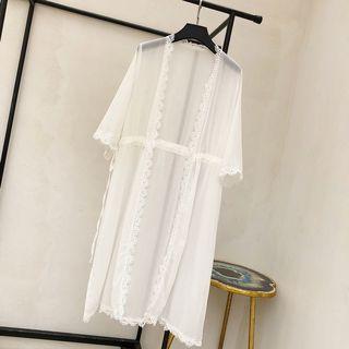 Lace Trim Open Front 3/4-sleeve Long Chiffon Jacket