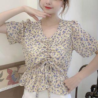 Drawstring V-neck Floral Top