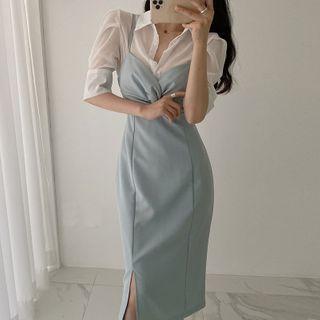 Short-sleeve Plain Shirt / Spaghetti Strap Twisted Slim Fit Split Pinafore Dress