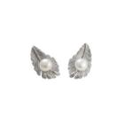 Sterling Silver Fashion Simple Feather White Freshwater Pearl Stud Earrings Silver - One Size