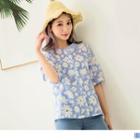 Short-sleeve Flower Round Neck Blouse