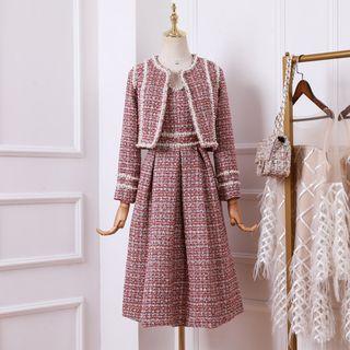 Set: Faux Pearl Tweed Jacket + Strapped A-line Tweed Dress