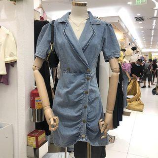 Collared Short-sleeve Button Denim Mini A-line Dress
