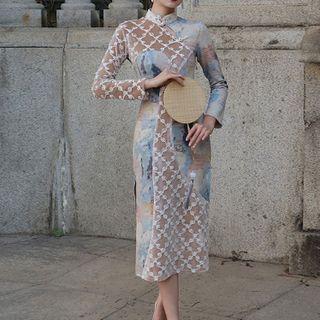 Long-sleeve Tie-dyed Lace Panel Qipao