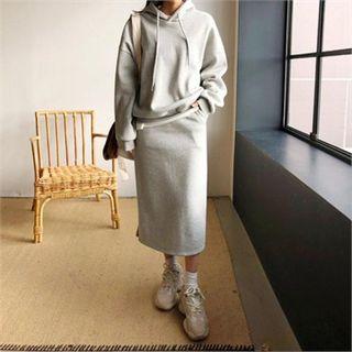 Set: Hooded Fleece-lined Pullover + Band-waist Long Skirt