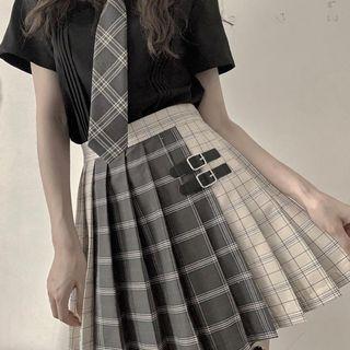 Plaid Color Block Pleated Skirt