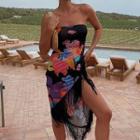 Strapless Print Fringed Slit Sheath Dress