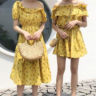 Pineapple Print Off-shoulder Playsuit / Midi Sundress
