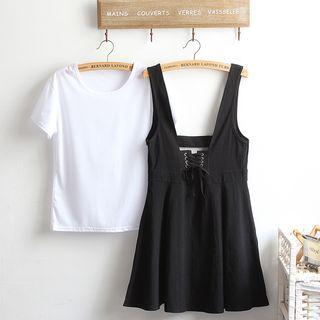 Set : Plain Short-sleeve T-shirt + Lace Up Sleeveless Dress
