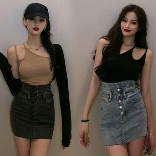 Irregular Camisole Top / Cardigan / Denim Mini Pencil Skirt