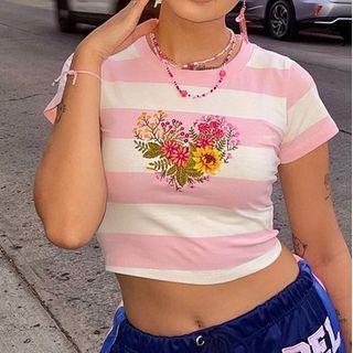 Short-sleeve Flower Print Striped Cropped T-shirt