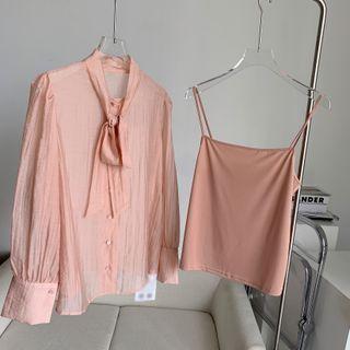 Set: Ribbon Tie-neck Blouse + Camisole Top