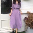 Short-sleeve Drawstring Waist Split Hem Dress Ash Gray Purple - One Size