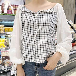Lantern-sleeve Plaid Panel Top