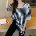 Elbow-sleeve V-neck Striped T-shirt Stripes - Black & White - One Size