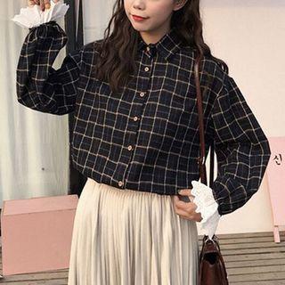 Long-sleeve Ruffled Check Top