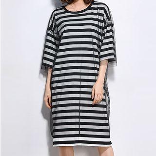Mock Two-piece Striped Elbow-sleeve Dress Stripe - Black & White - One Size