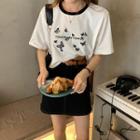 Contrast Trim Butterfly Embroidered Short-sleeve Cropped T-shirt