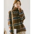 Turtle-neck Striped Boxy Sweater Brown - One Size