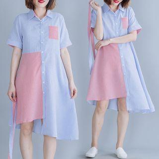 Short-sleeve Color Block Midi Shirtdress