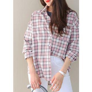 Loose-fit Dip-back Pastel-color Check Shirt