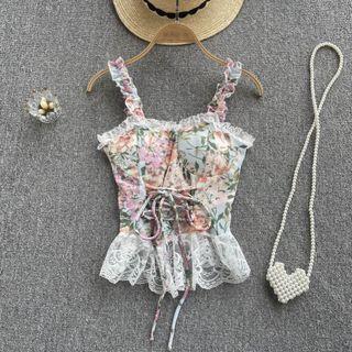 Lace Trim Floral Cropped Camisole Top Pink & Almond Flowers - Pale Green - One Size