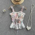 Lace Trim Floral Cropped Camisole Top Pink & Almond Flowers - Pale Green - One Size