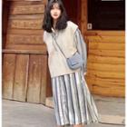 Cable Knit Vest / Striped Long-sleeve Shirt Dress