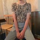 Short-sleeve Leopard-jacquard Knit Top As Shown In Figure - One Size