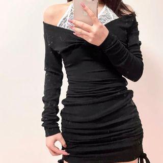 V-neck Lace Halter Panel Off-shoulder Dress