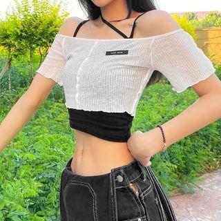 Set: Short-sleeve Off-shoulder Top + Camisole Top