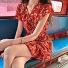 Cap-sleeve Floral A-line Dress As Shown In Figure - One Size