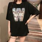 Elbow-sleeve Letter Sequined T-shirt
