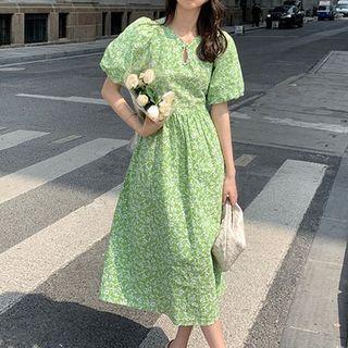 Puff-sleeve Floral Cutout Dress