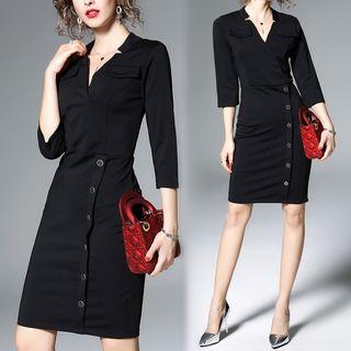 3/4-sleeve Buttoned Sheath Dress