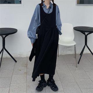 Long-sleeve Plain Shirt / A-line Midi Pinafore Dress