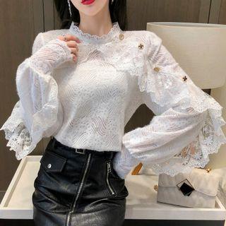 Lantern-sleeve Ruffled Lace Top